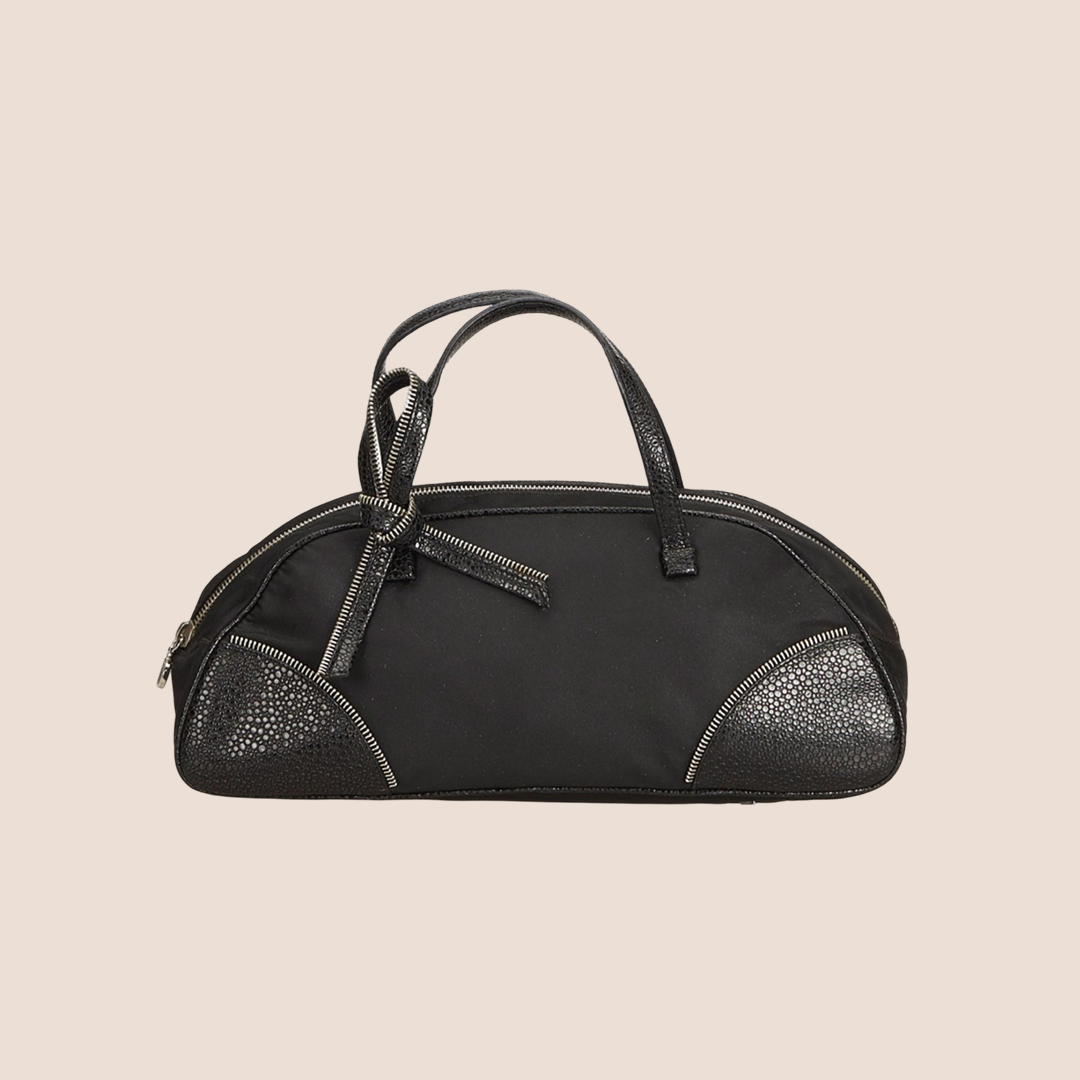 CHRISTIAN D1OR BLACK NYLON ZIPPER BOW DETAIL HANDBAG