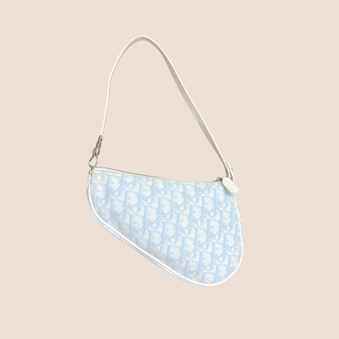 CHRISTIAN D1OR BABY BLUE OBLIQUE CANVAS SADDLE BAG