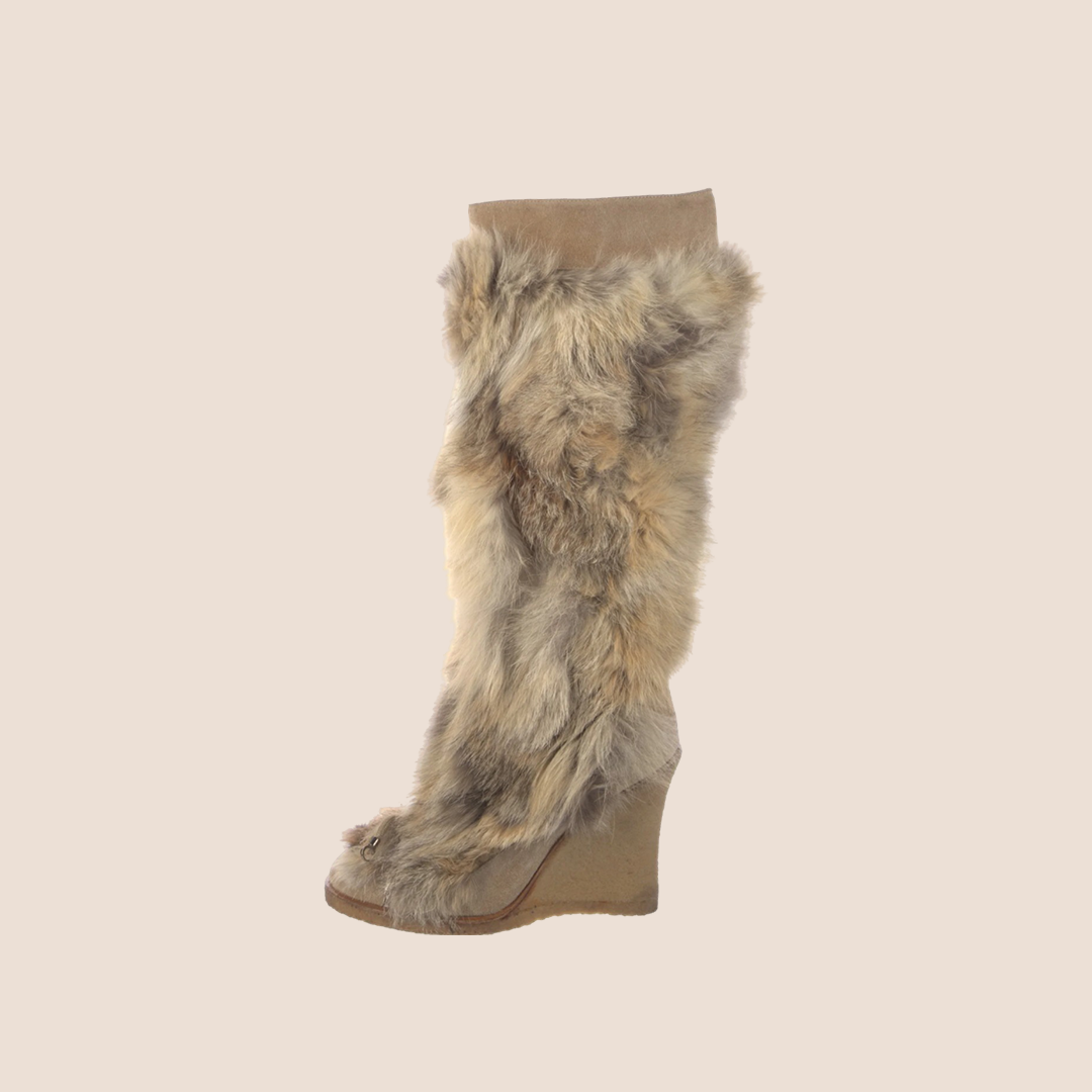 CHRISTIAN D1OR BEIGE FUR &amp; SUEDE KNEE LENGH BOOTS