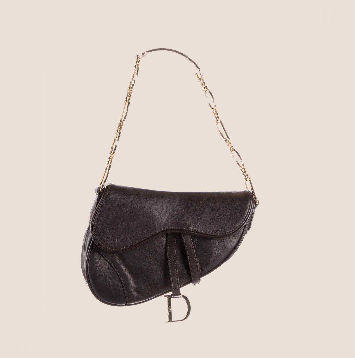CHRISTIAN D1OR 2000 BROWN OSTRICH LEATHER CHAIN SADDLE BAG