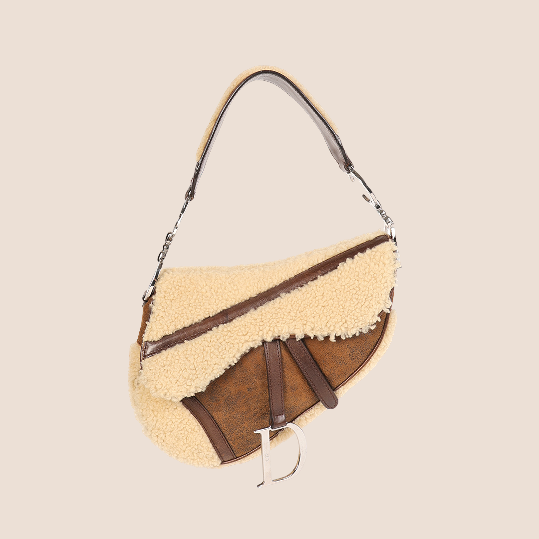 CHRISTIAN D1OR 2005 BROWN SHEARLING FLIGHT SADDLE BAG