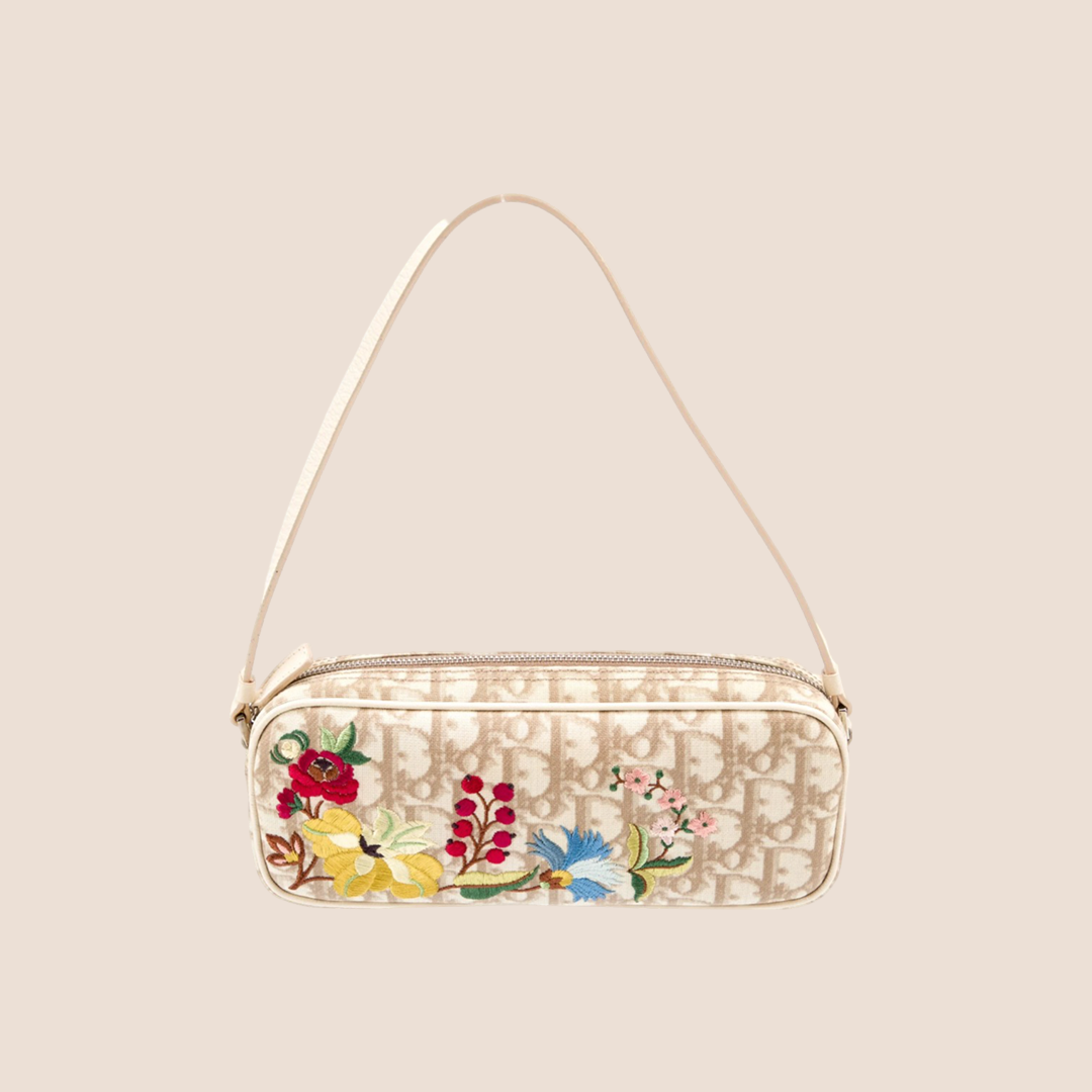 CHRISTIAN D1OR 2004 BEIGE TROTTER FLORAL EMBROIDERED MINI SHOULDER BAG