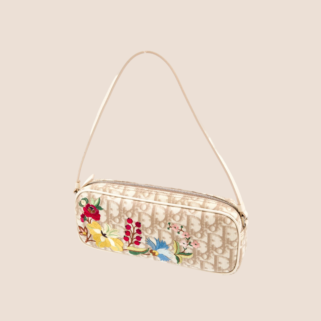 CHRISTIAN D1OR 2004 BEIGE TROTTER FLORAL EMBROIDERED MINI SHOULDER BAG