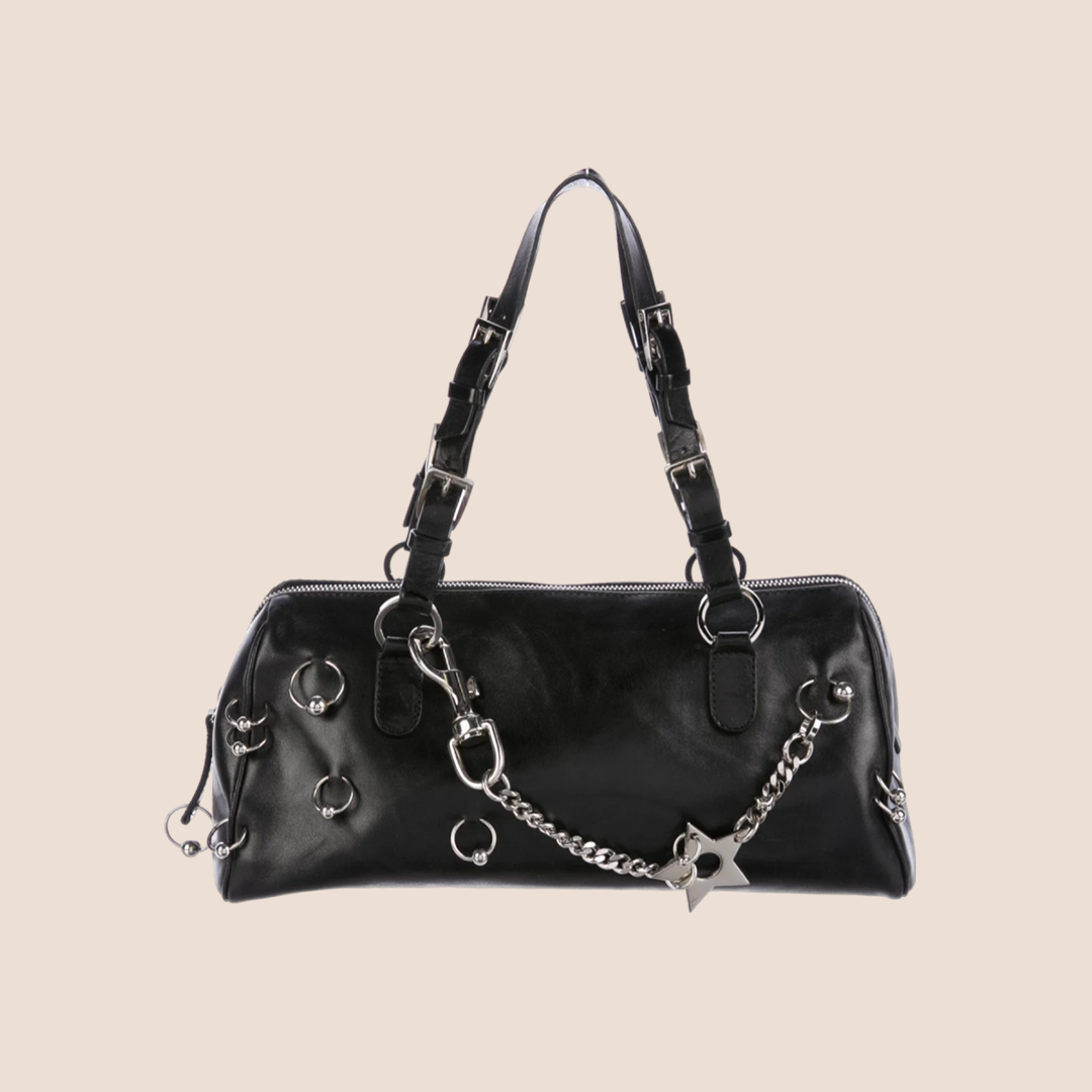 CHRISTIAN D1OR 2004 HARCORE PIERCED BLACK LEATHER BOSTON BAG