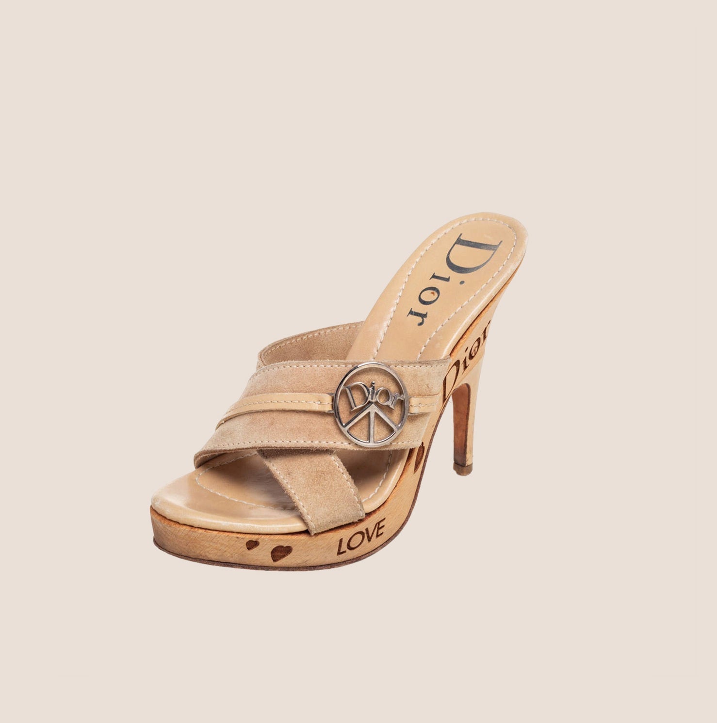 CHRISTIAN D1OR BROWN SUEDE PEACE LOGO PLATFORM HEELS