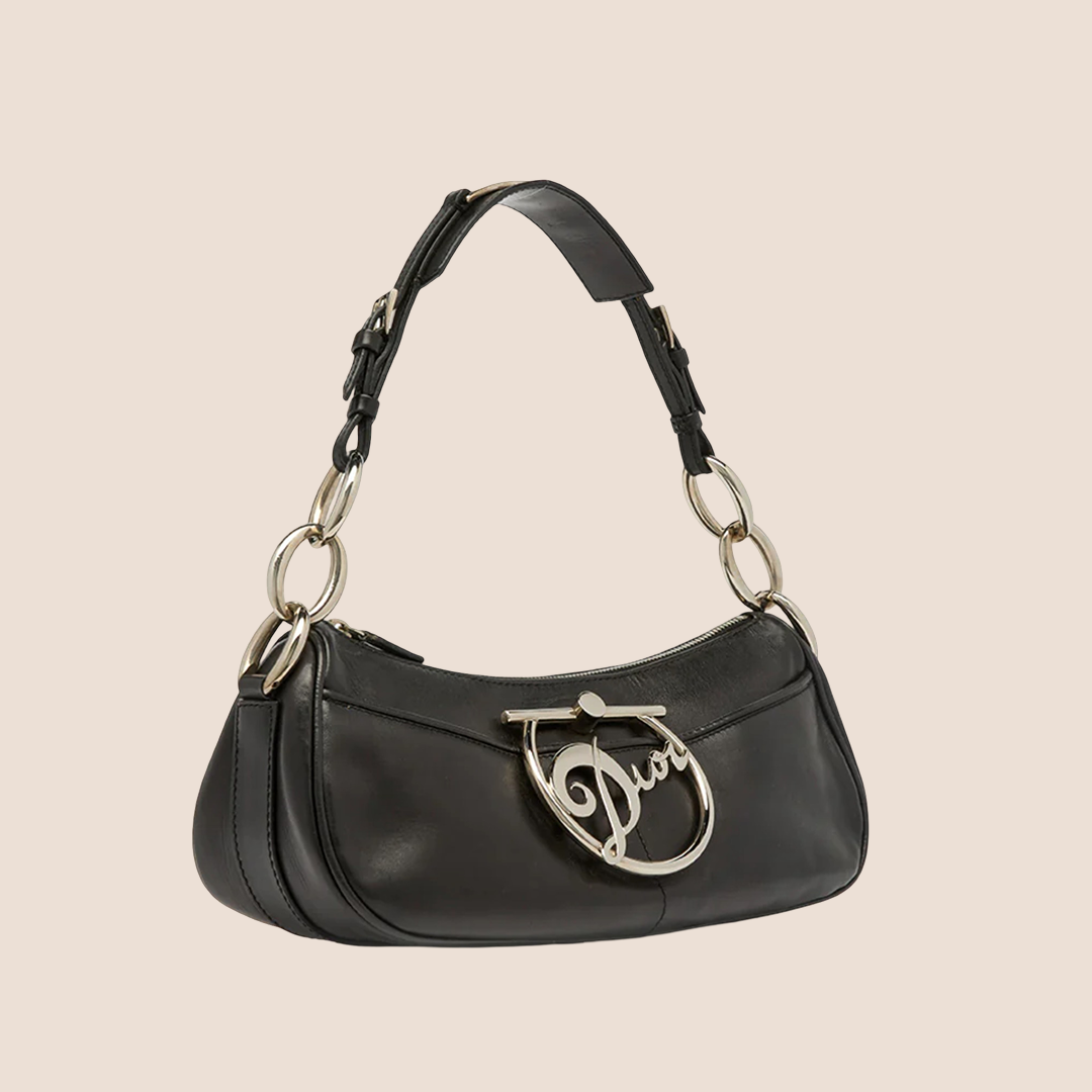CHRISTIAN D1OR BLACK LEATHER LOGO DIVA BAG
