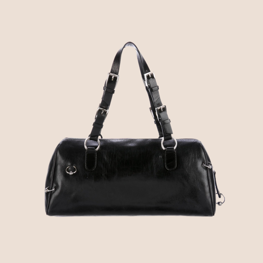 CHRISTIAN D1OR 2004 HARCORE PIERCED BLACK LEATHER BOSTON BAG