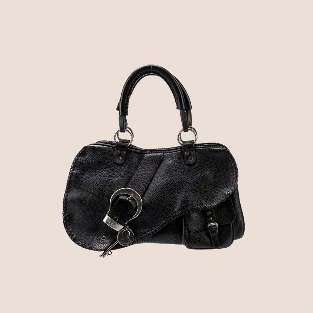 CHRISTIAN D1OR 2006 BLACK PEBBLED CALFSKIN GAUCHO TOP HANDLE BAG