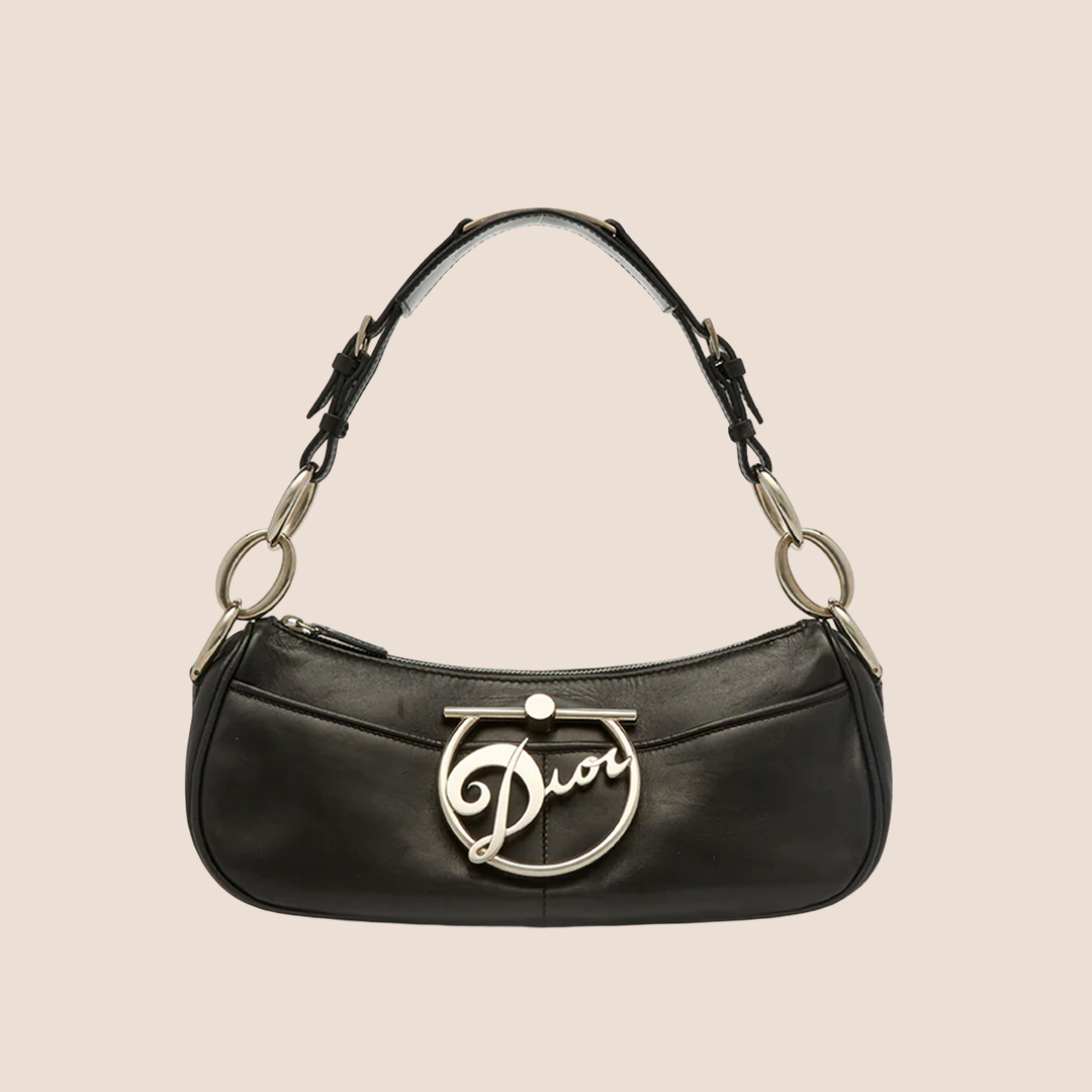 CHRISTIAN D1OR BLACK LEATHER LOGO DIVA BAG
