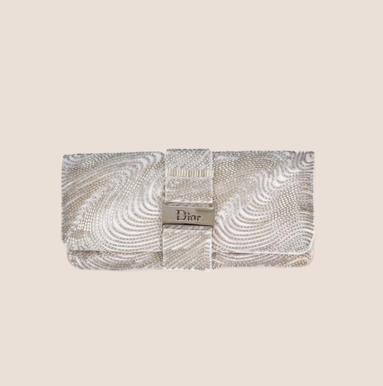 CHRISTIAN D1OR BEADED SILVER SATIN LOGO CLUTCH