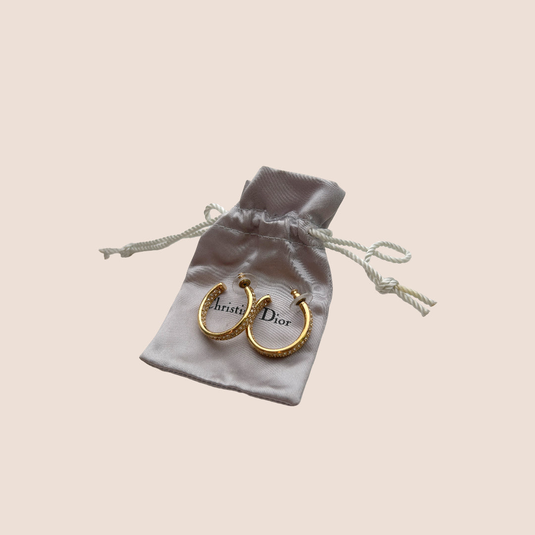 CHRISTIAN D1OR 2000s GOLD PAVÉ RHINESTONE HOOPS