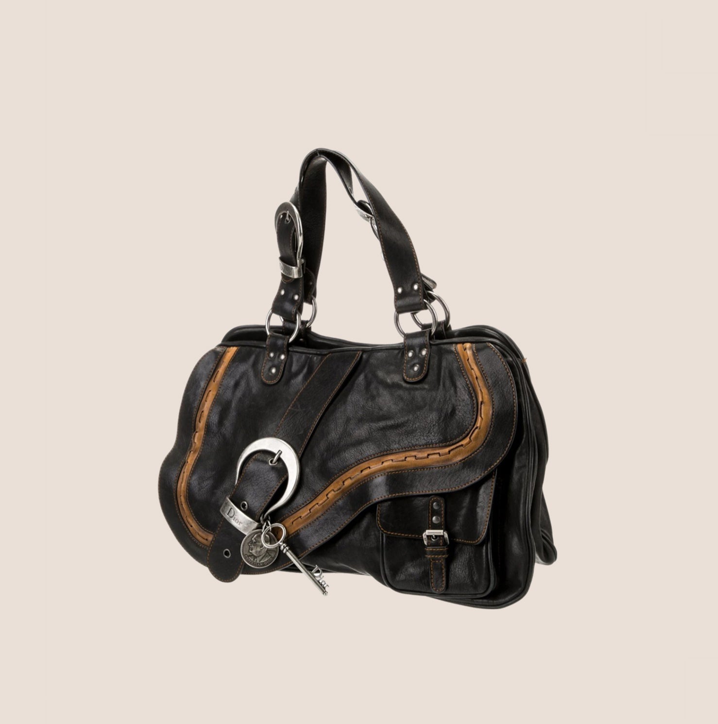 CHRISTIAN D1OR BLACK LEATHER GAUCHO SADDLE HANDBAG