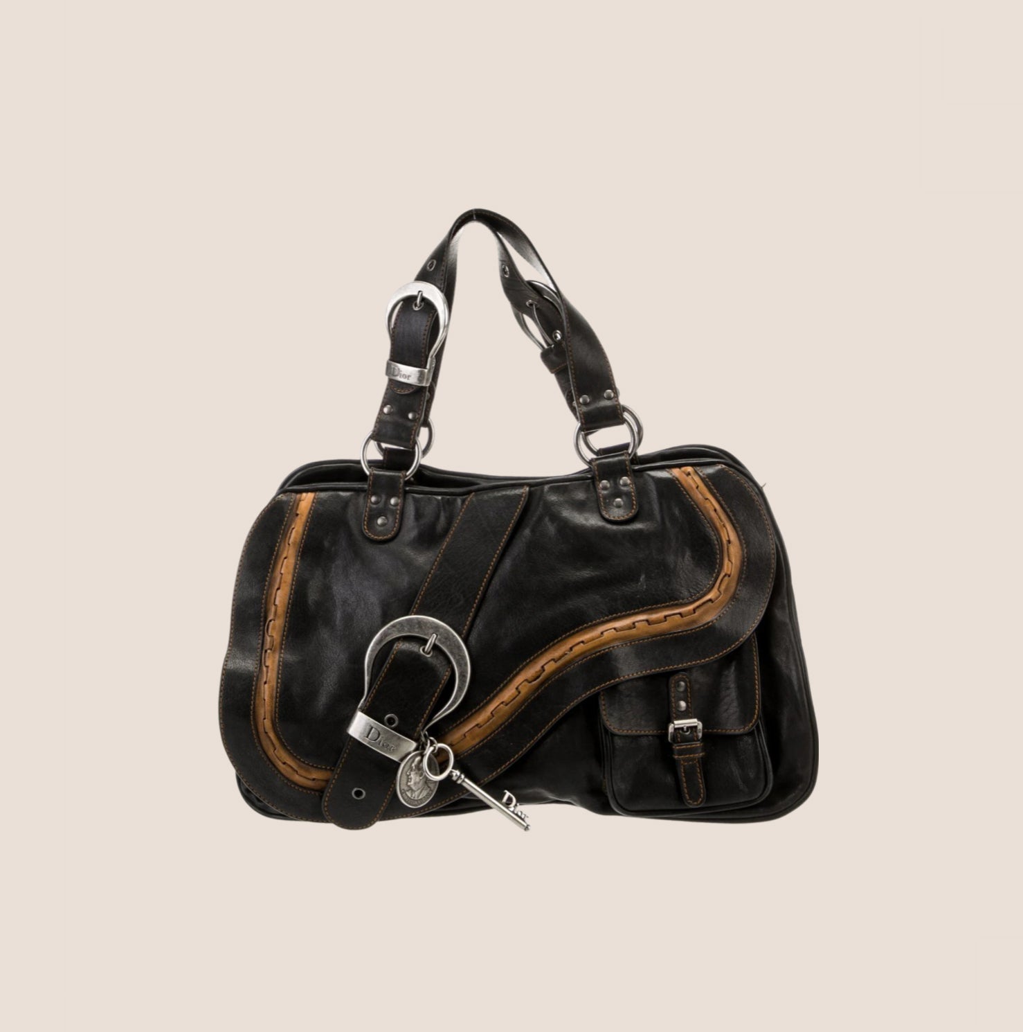 CHRISTIAN D1OR BLACK LEATHER GAUCHO SADDLE HANDBAG