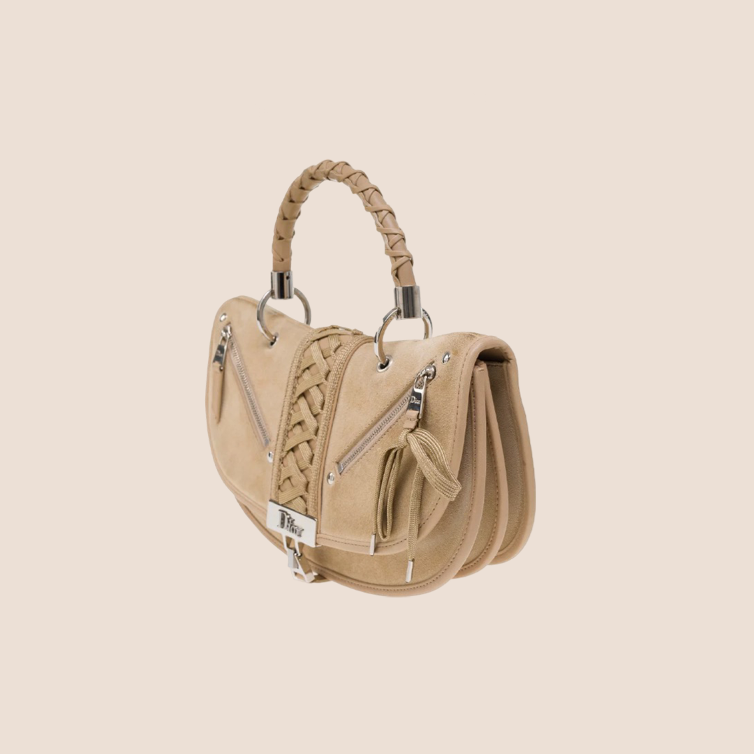 CHRISTIAN D1OR BEIGE SUEDE ADMIT IT CORSET HANDBAG