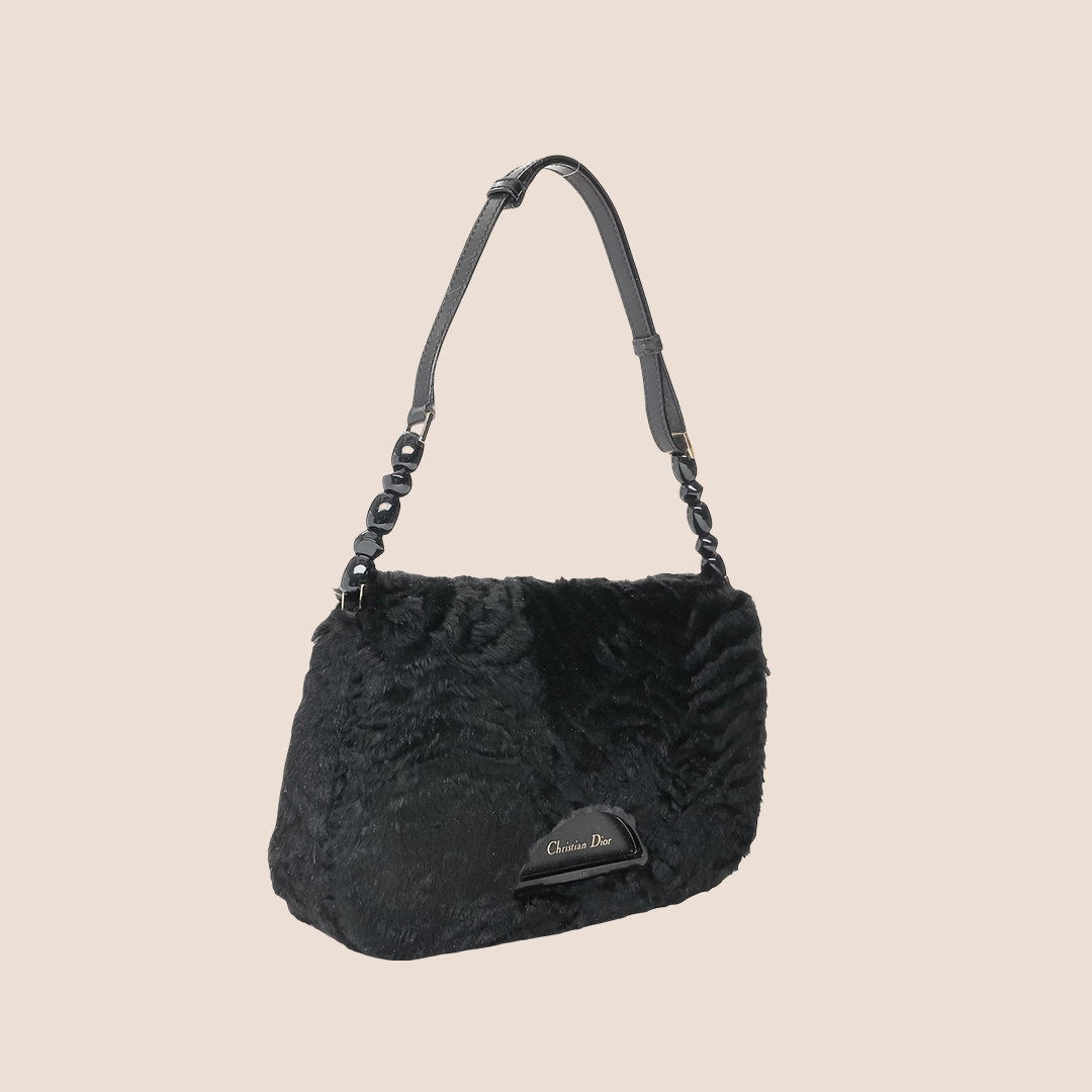 CHRISTIAN D1OR 2000 BLACK FAUX FUR MALICE BAG