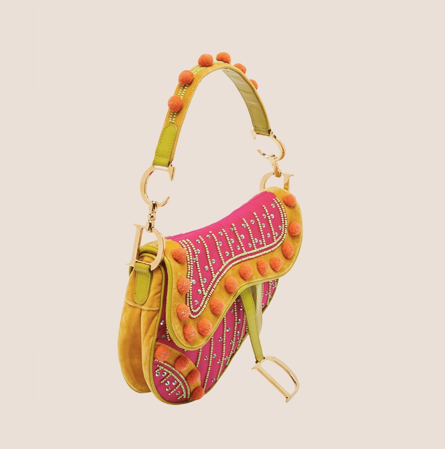 CHRISTIAN D1OR 2002 MULTICOLOR VELVET LIMITED EDITION POM POM SADDLE BAG
