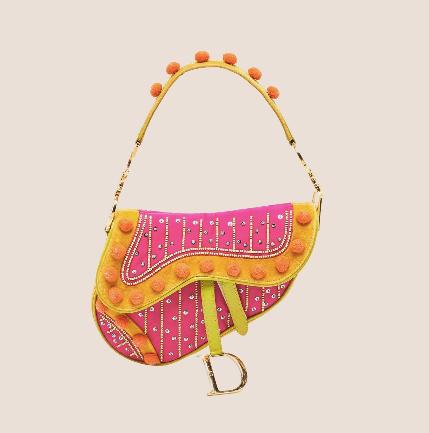 CHRISTIAN D1OR 2002 MULTICOLOR VELVET LIMITED EDITION POM POM SADDLE BAG