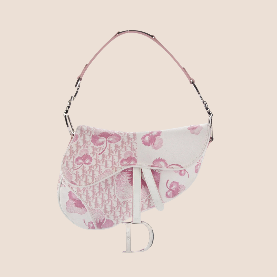 CHRISTIAN D1OR 2004 GIRLY PINK CHERRY BLOSSOM CANVAS SADDLE BAG