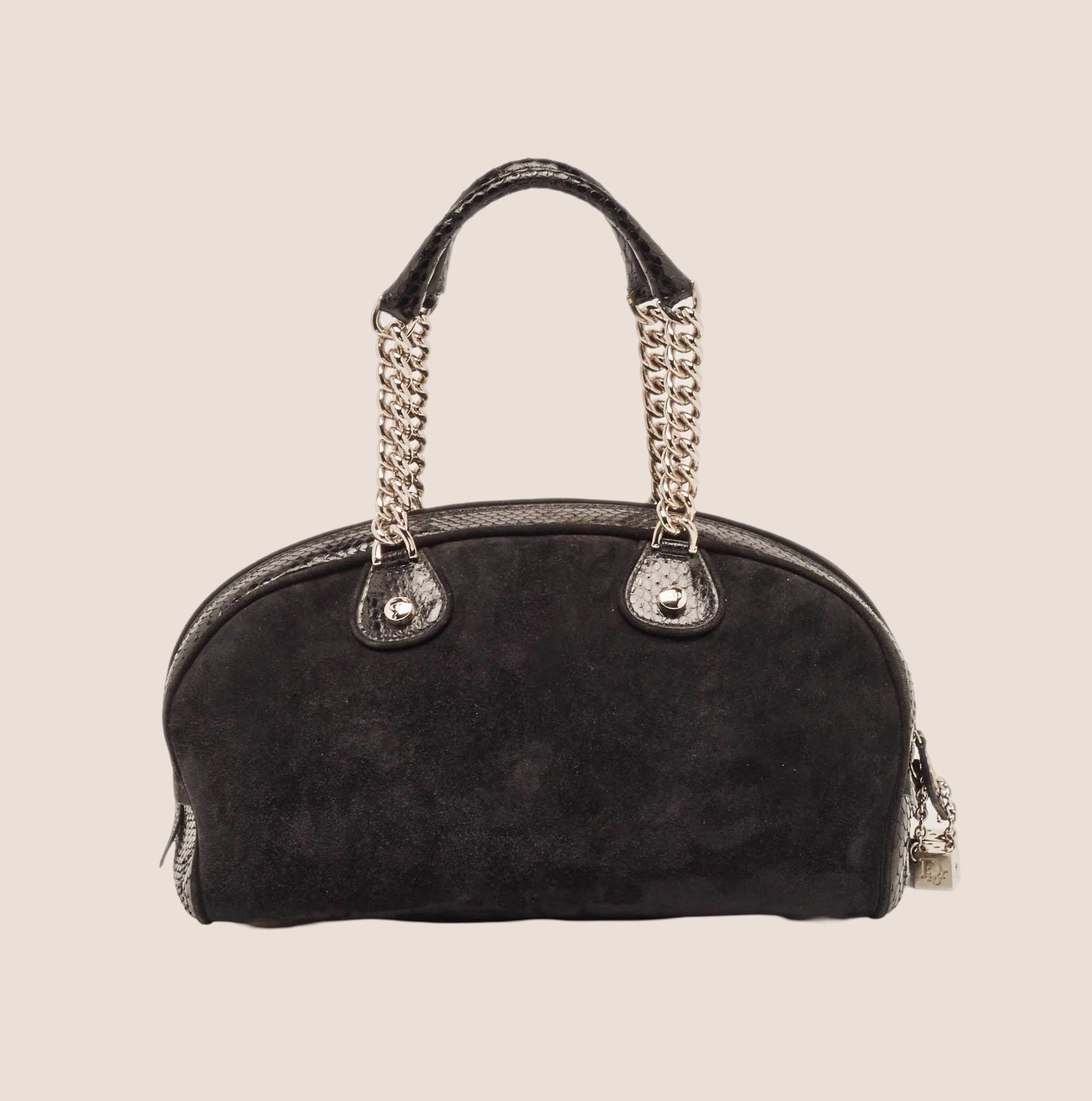 CHRISTIAN D1OR 2004 PYTHON TRIMMED BLACK SUEDE GAMBLER DICE BOWLER BAG