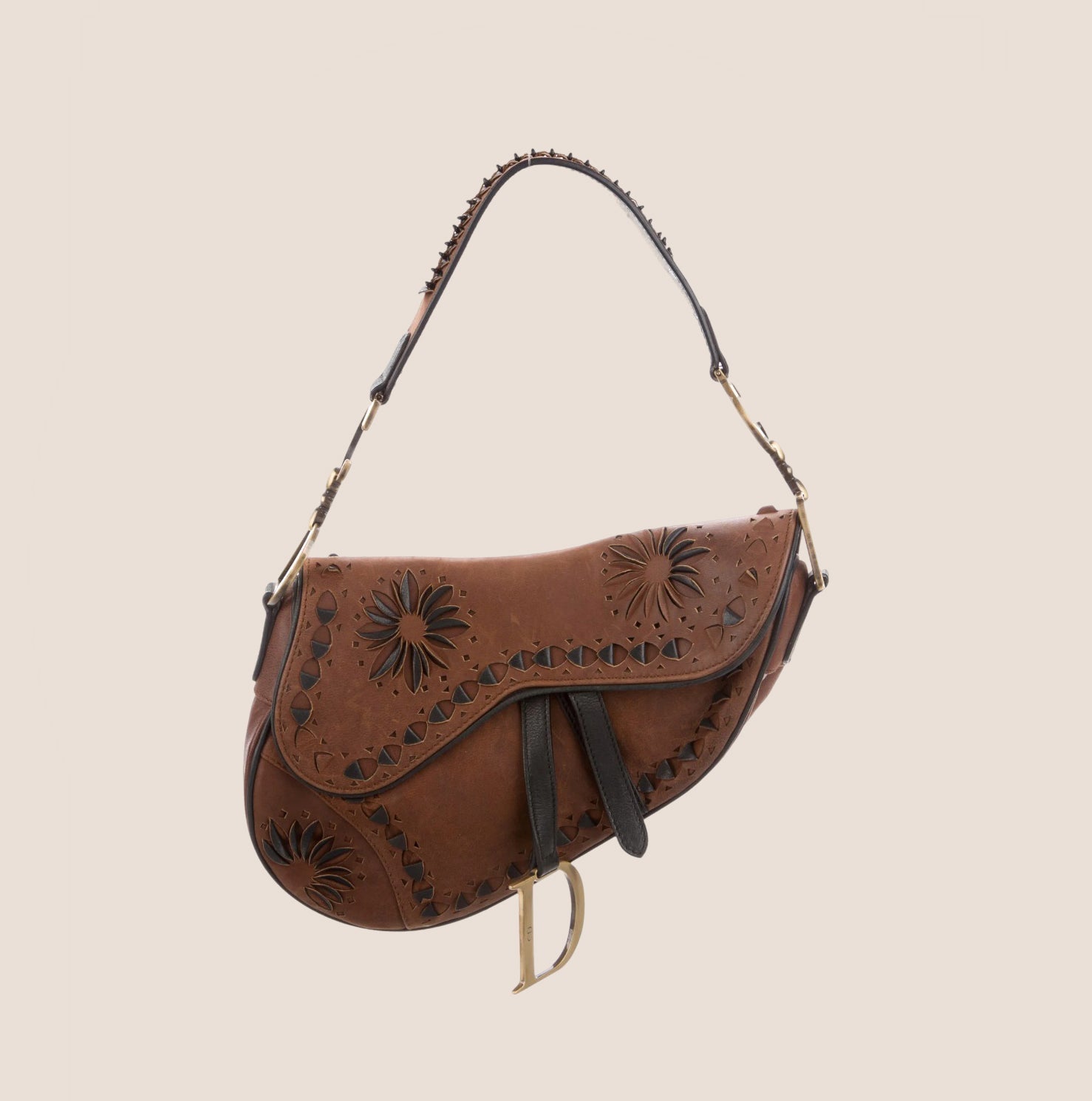 CHRISTIAN D1OR BROWN LEATHER FLORAL LASER CUT SADDLE BAG