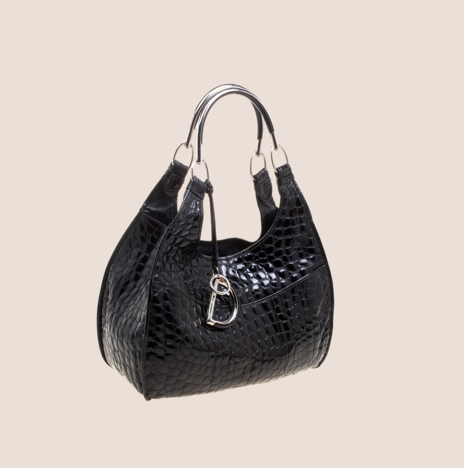 CHRISTIAN D1OR BLACK CROC EMBOSSED PATENT LEATHER TOTE BAG