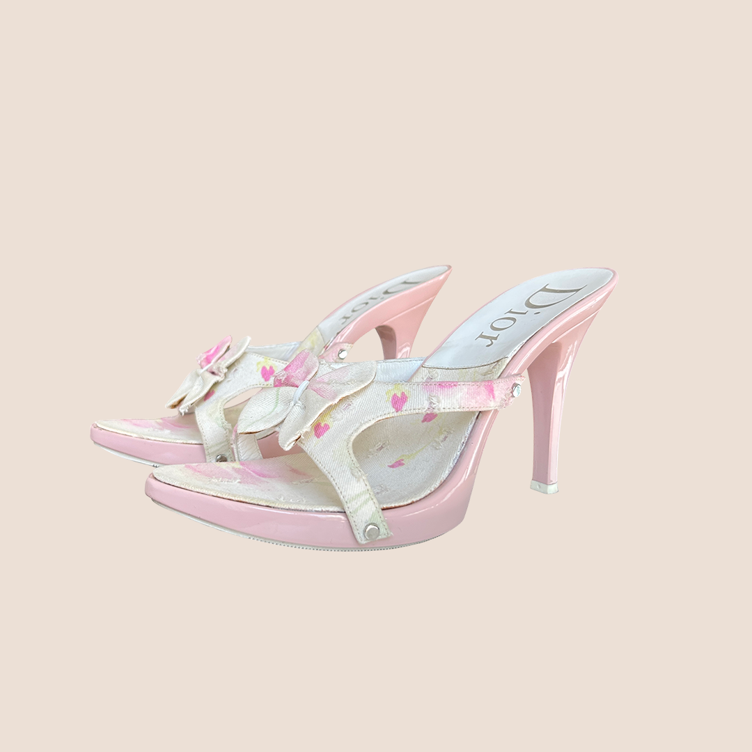 CHRISTIAN D1OR 2003 DISTRESSED PINK FLORAL PLATFORM HEELS