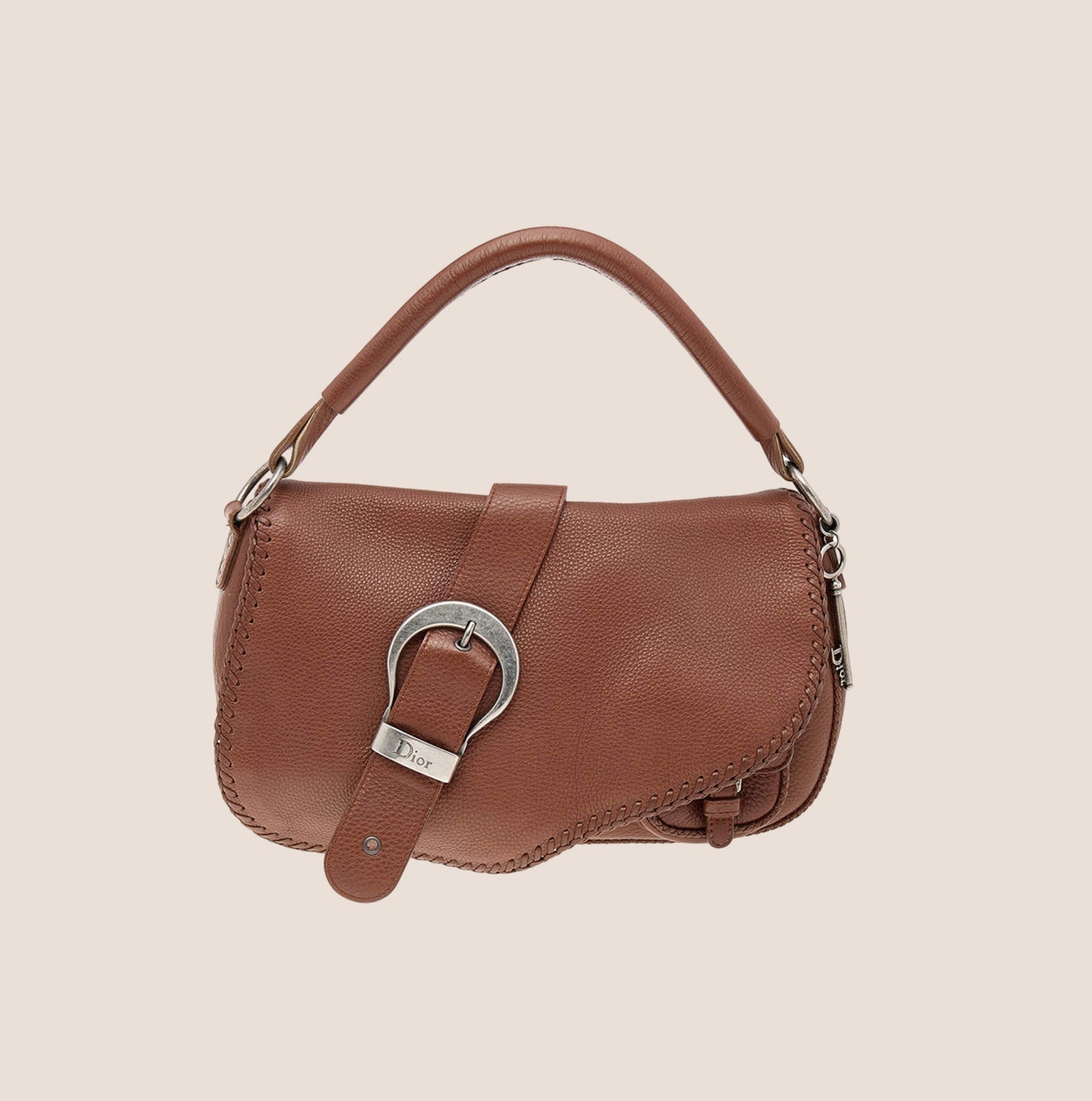 CHRISTIAN D1OR BROWN LEATHER WHIPSTITCH GAUCHO BAG
