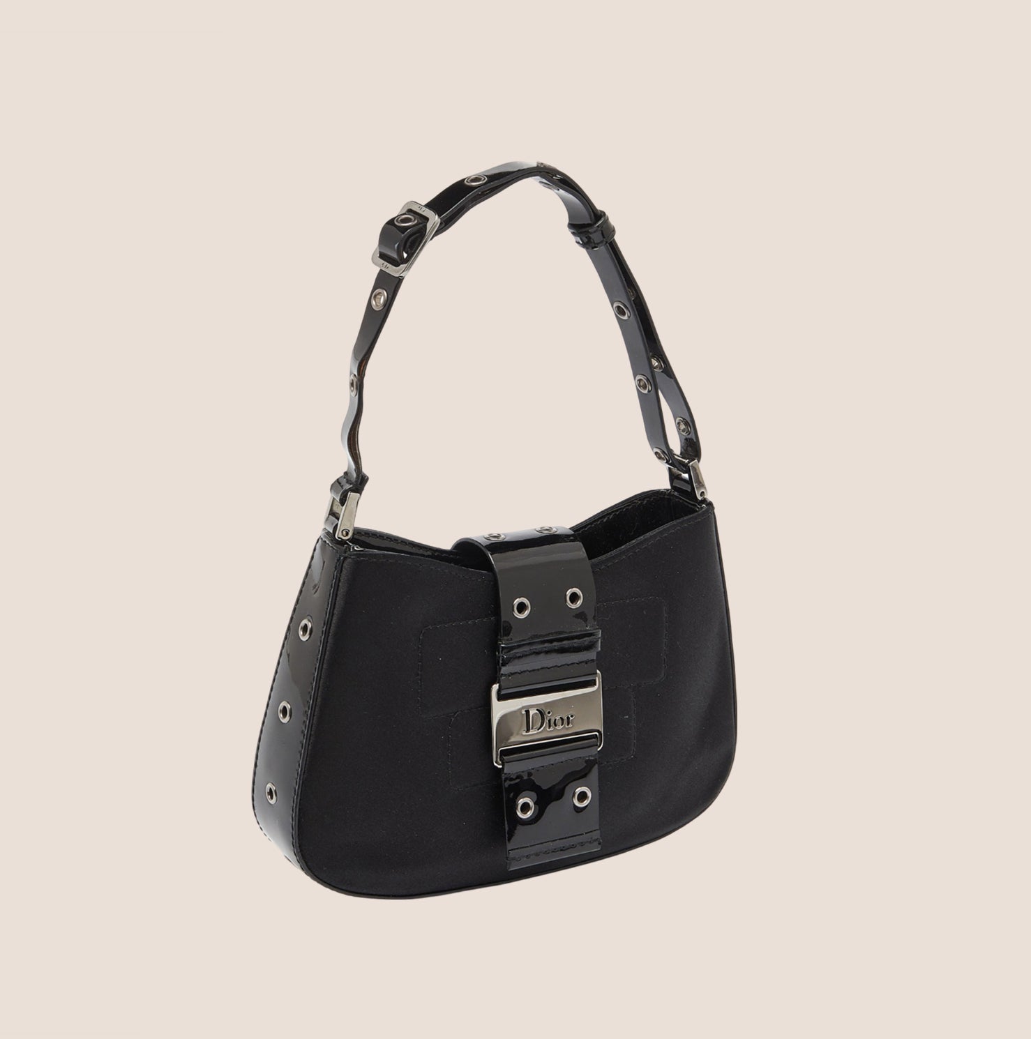 CHRISTIAN D1OR BLACK SATIN &amp; PATENT LEATHER MINI STREET CHIC HOBO BAG
