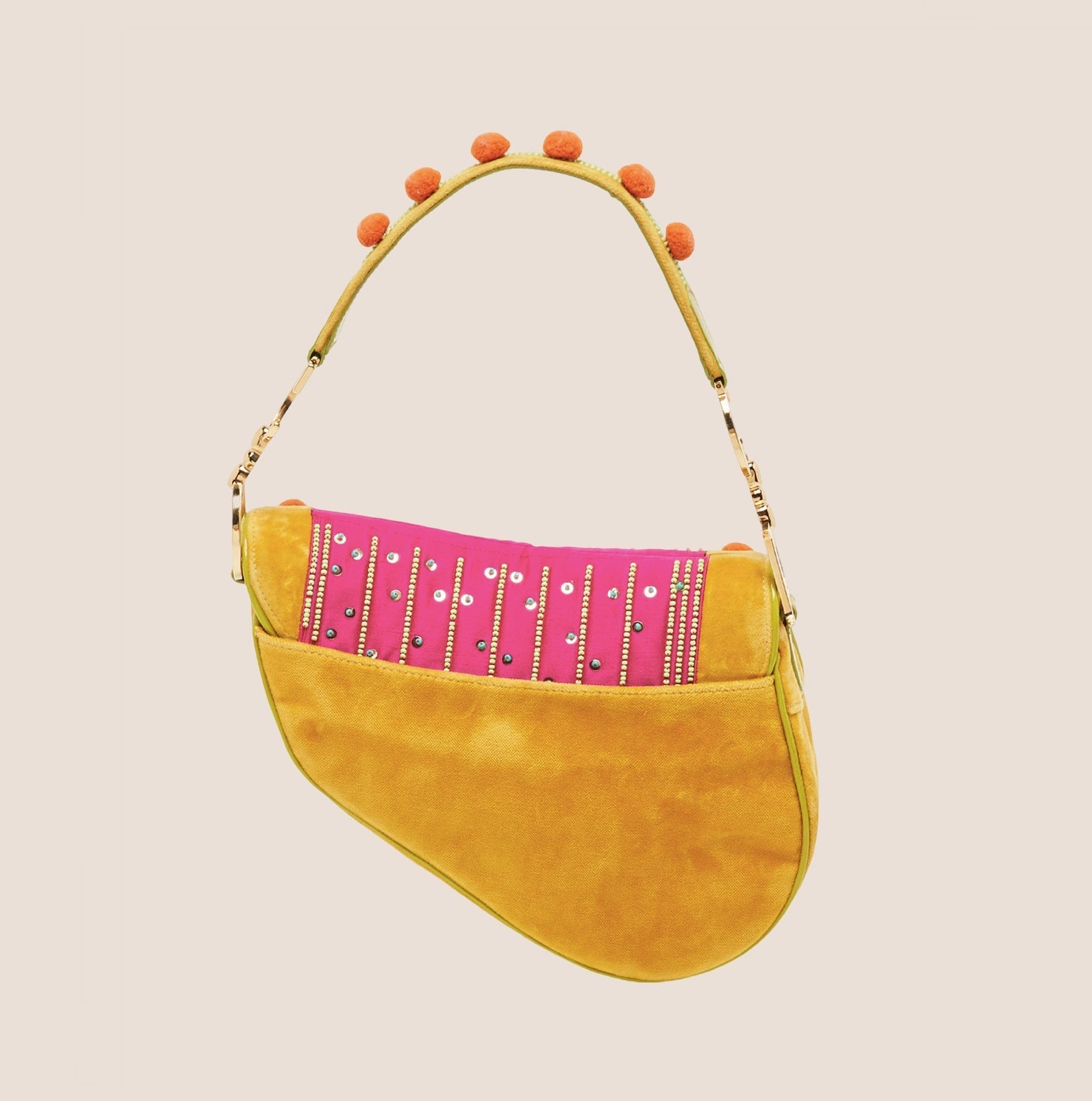 CHRISTIAN D1OR 2002 MULTICOLOR VELVET LIMITED EDITION POM POM SADDLE BAG