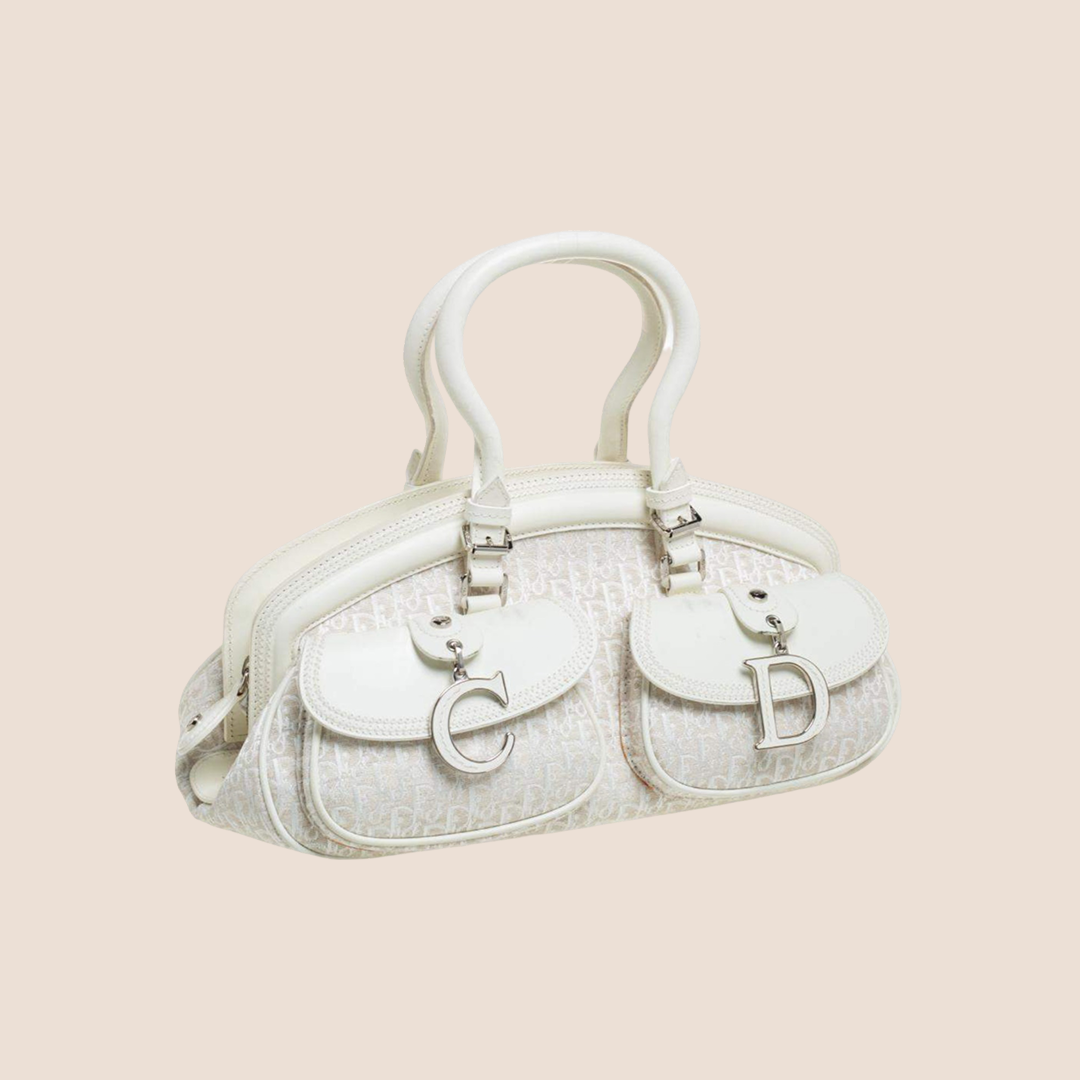 CHRISTIAN D1OR 2005 WHITE OBLIQUE CANVAS &amp; LEATHER DETECTIVE BAG