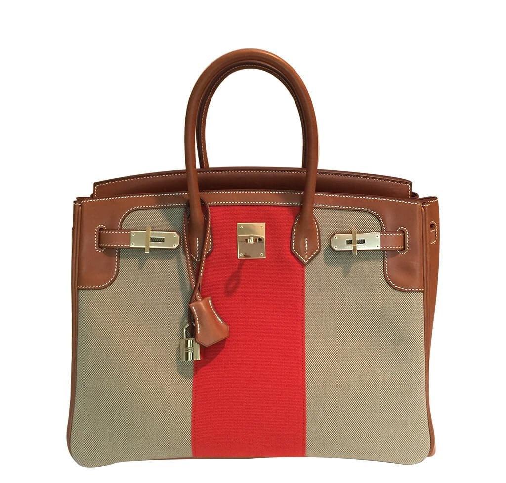 HMS Birkin 35 Flag Bag Tan Orange Toile Limited Edition