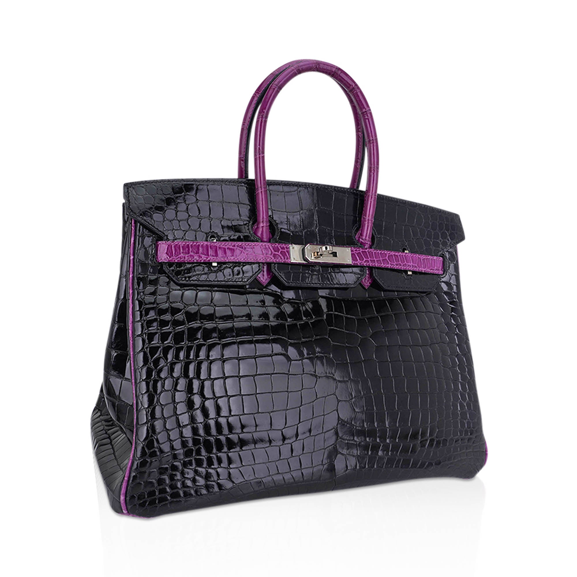 HMS Special Order HSS Birkin 35 Bag Black &amp; Violet Porosus Crocodile with Palladium Hardware