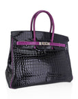 HMS Special Order HSS Birkin 35 Bag Black & Violet Porosus Crocodile with Palladium Hardware