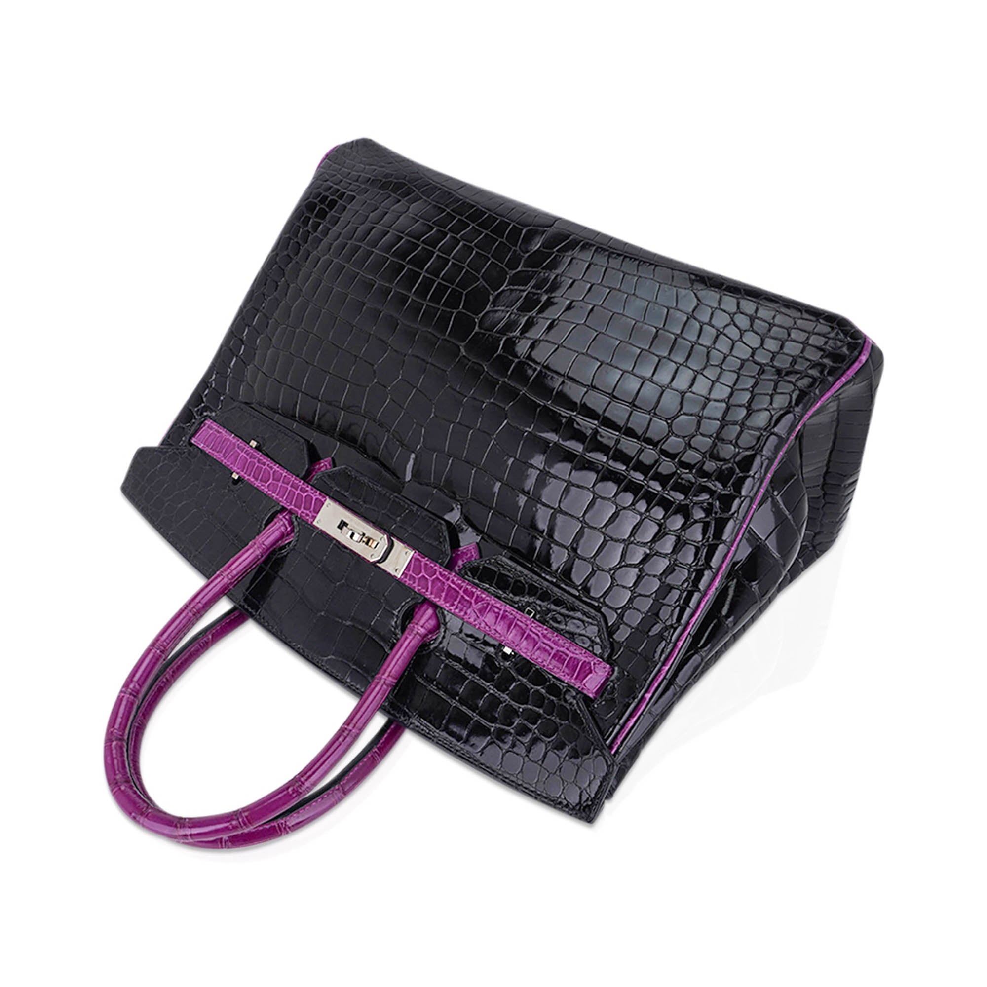 HMS Special Order HSS Birkin 35 Bag Black &amp; Violet Porosus Crocodile with Palladium Hardware