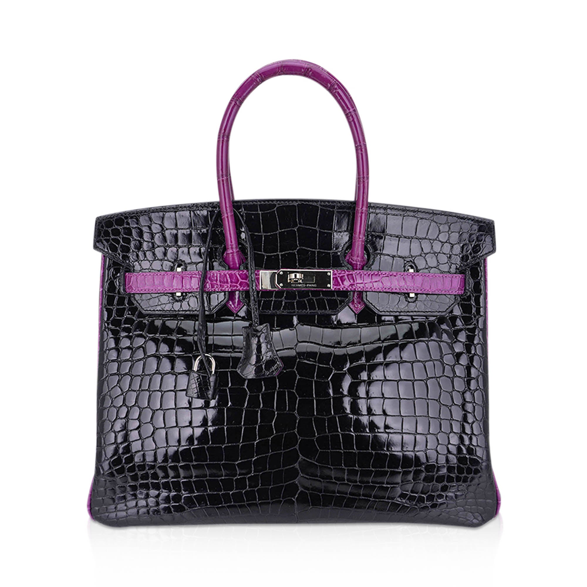 HMS Special Order HSS Birkin 35 Bag Black &amp; Violet Porosus Crocodile with Palladium Hardware