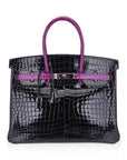 HMS Special Order HSS Birkin 35 Bag Black & Violet Porosus Crocodile with Palladium Hardware