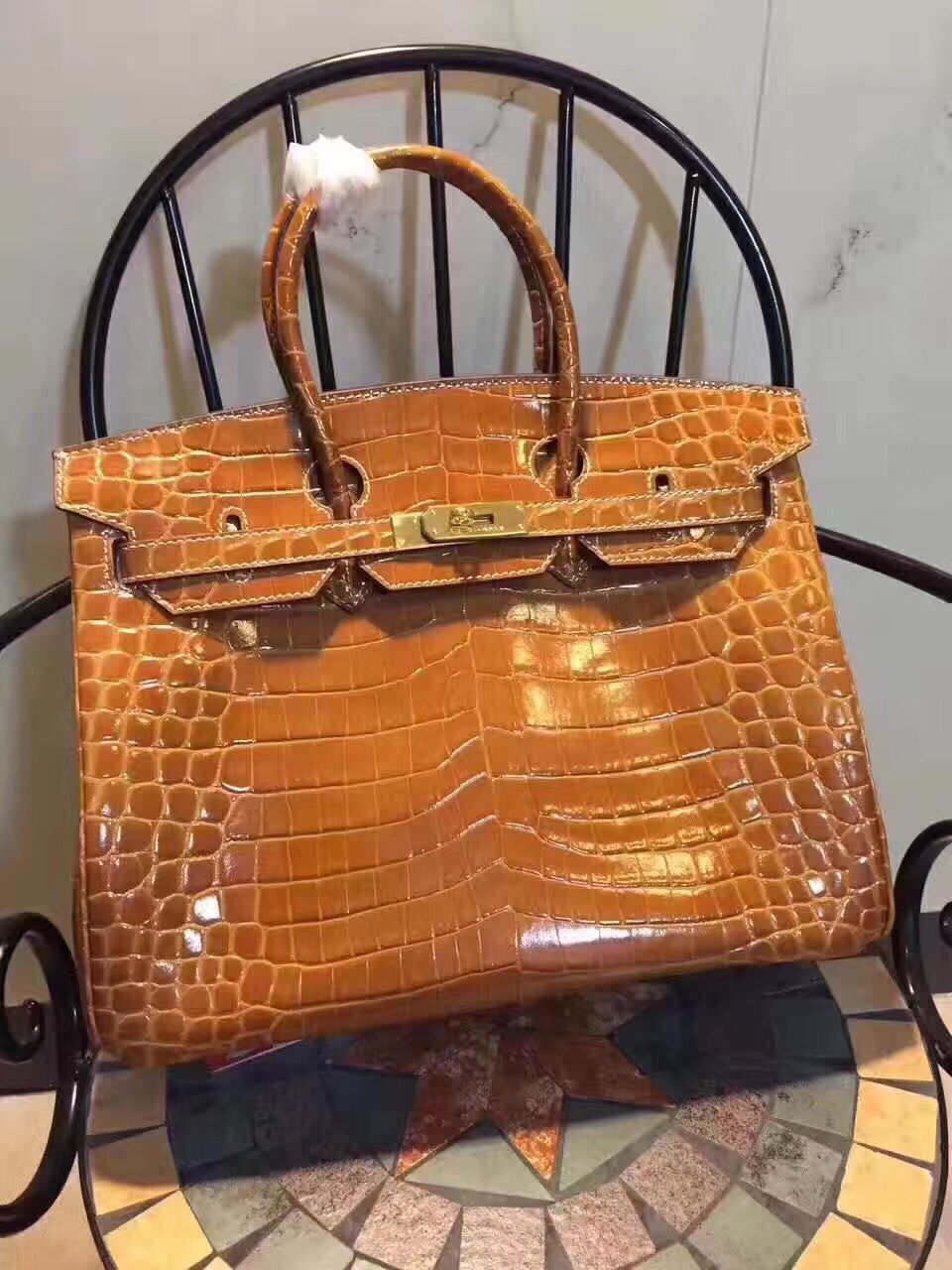 HMS Birkin 35cm Crocodile Leather Handbag Brown Gold