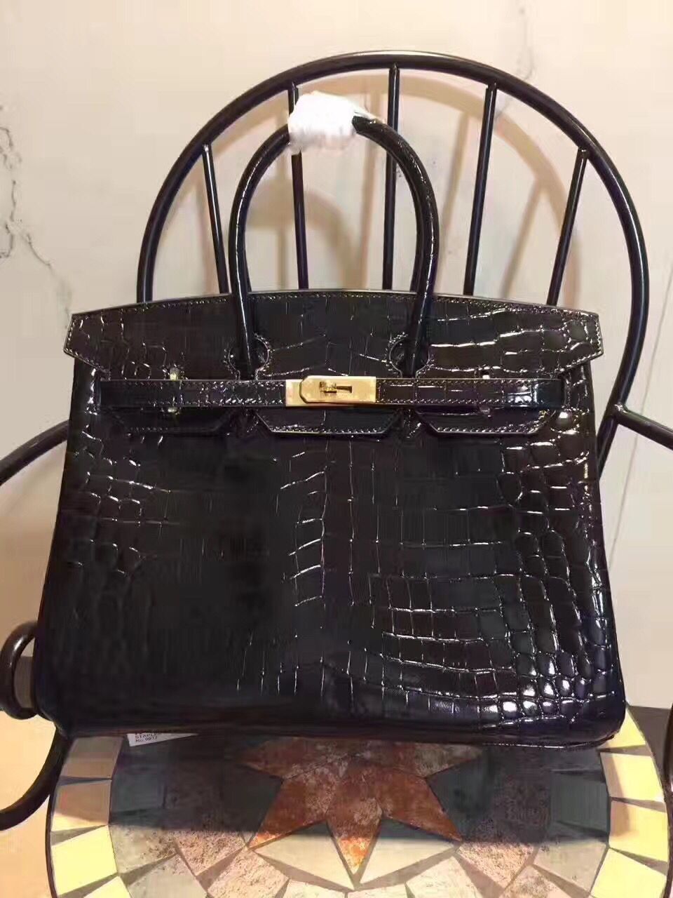 HMS Birkin 35cm Crocodile Leather Handbag Black Gold