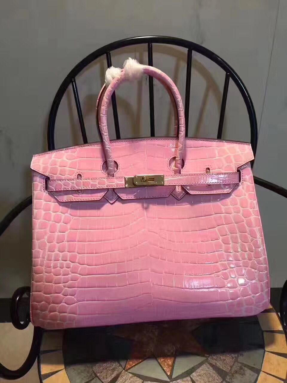 HMS Birkin 35cm Crocodile Leather Handbag Pink Gold