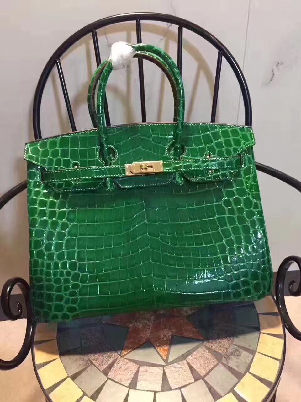 HMS Birkin 35cm Crocodile Leather Handbag Green Gold