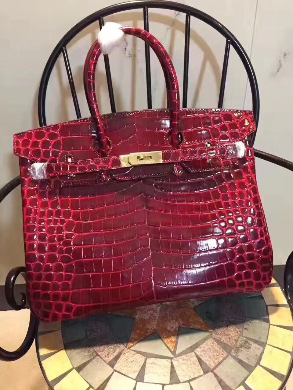 HMS Birkin 35cm Crocodile Leather Handbag Red Gold