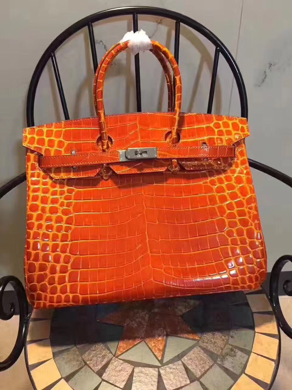 HMS Birkin 35cm Crocodile Leather Handbag Orange Silver