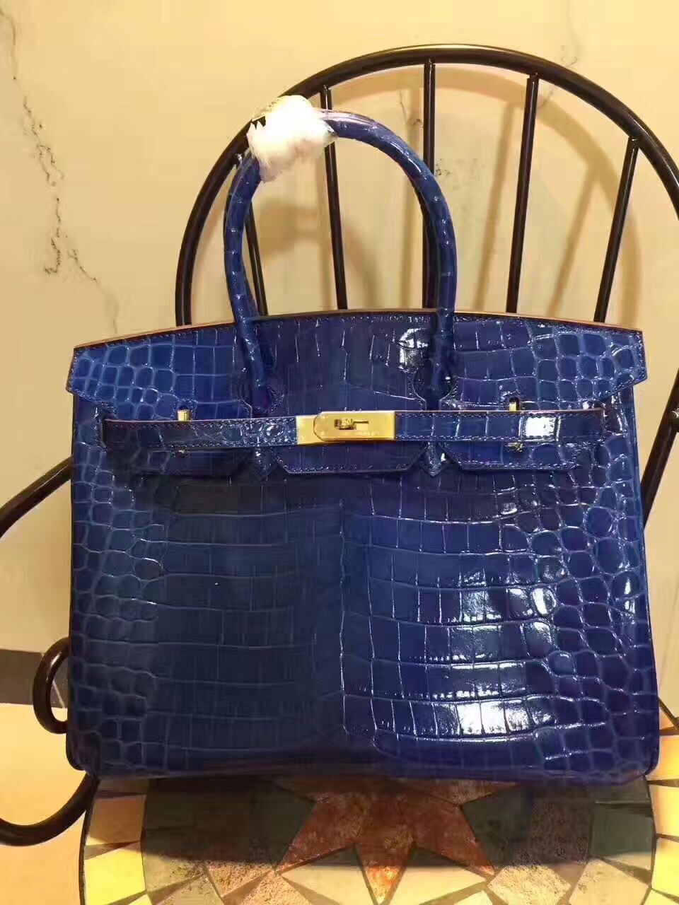 HMS Birkin 35cm Crocodile Leather Handbag Blue Gold