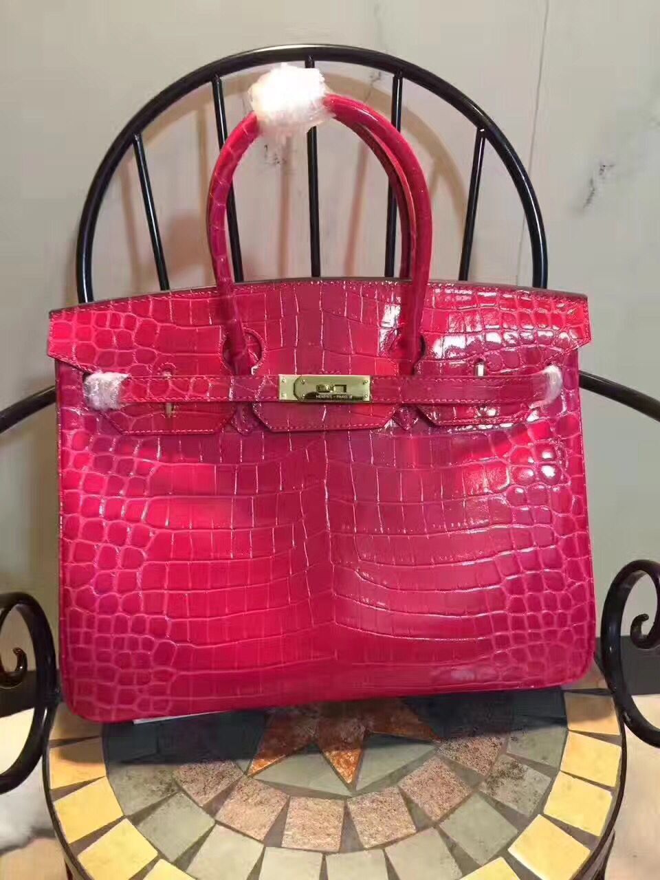 HMS Birkin 35cm Crocodile Leather Handbag Peach Blossom Gold