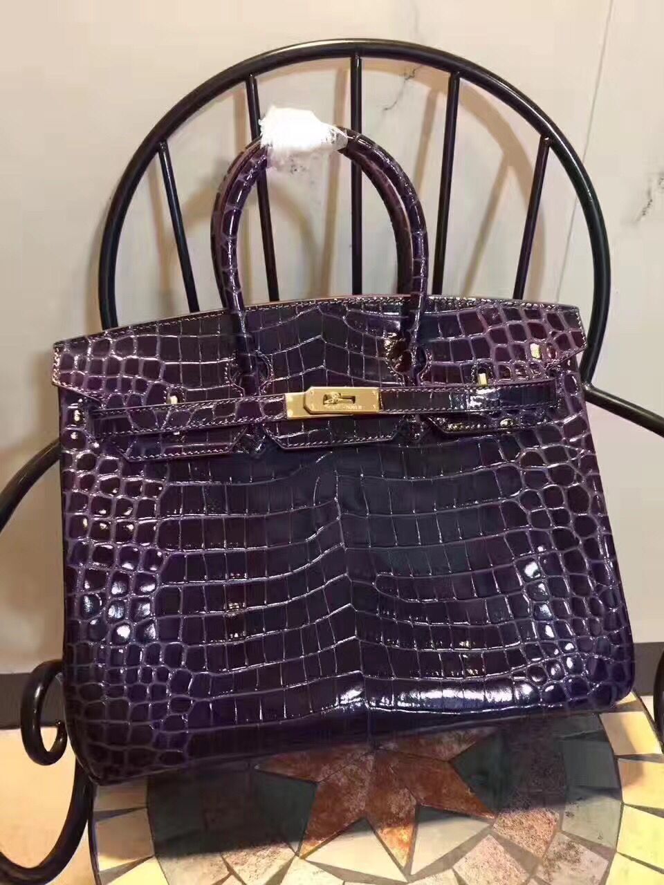 HMS Birkin 35cm Crocodile Leather Handbag Dark Purple Gold