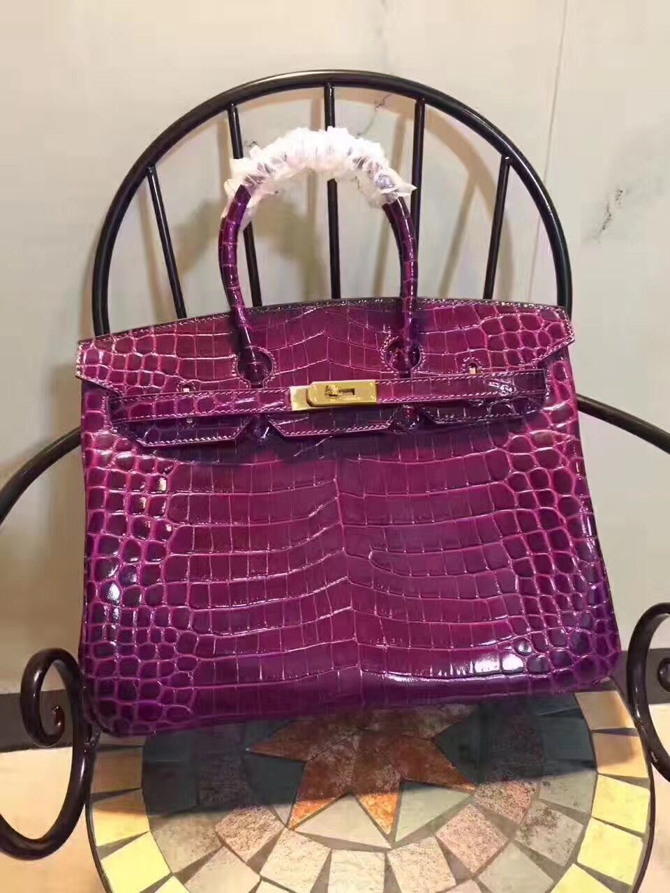 HMS Birkin 35cm Crocodile Leather Handbag Purple Gold