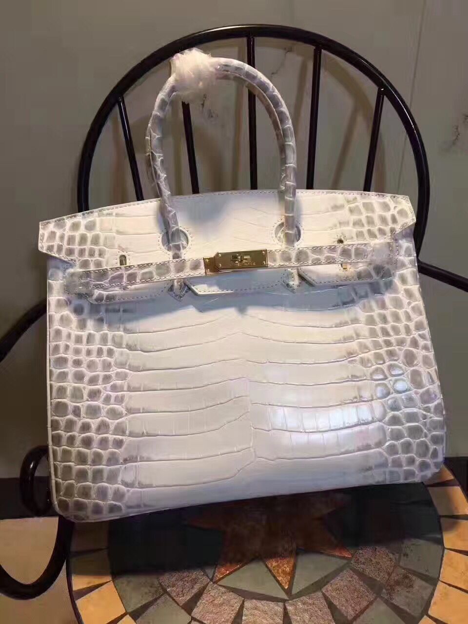 HMS Birkin 35cm Crocodile Leather Handbag White Gold