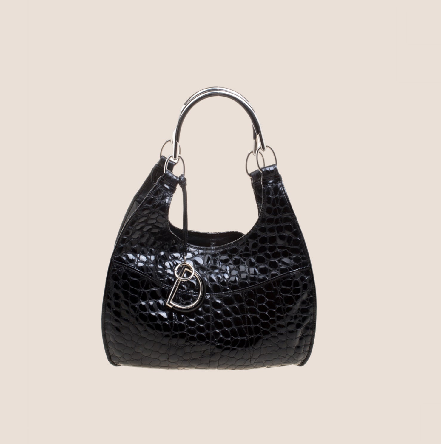 CHRISTIAN D1OR BLACK CROC EMBOSSED PATENT LEATHER TOTE BAG