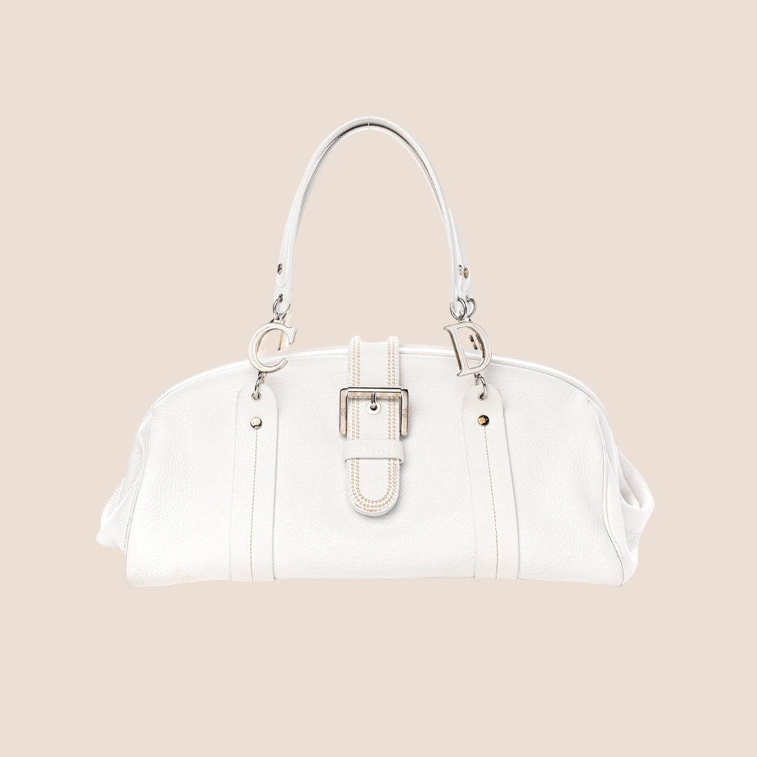 CHRISTIAN D1OR 2005 WHITE CALFSKIN BUCKLE FRAME SATCHEL