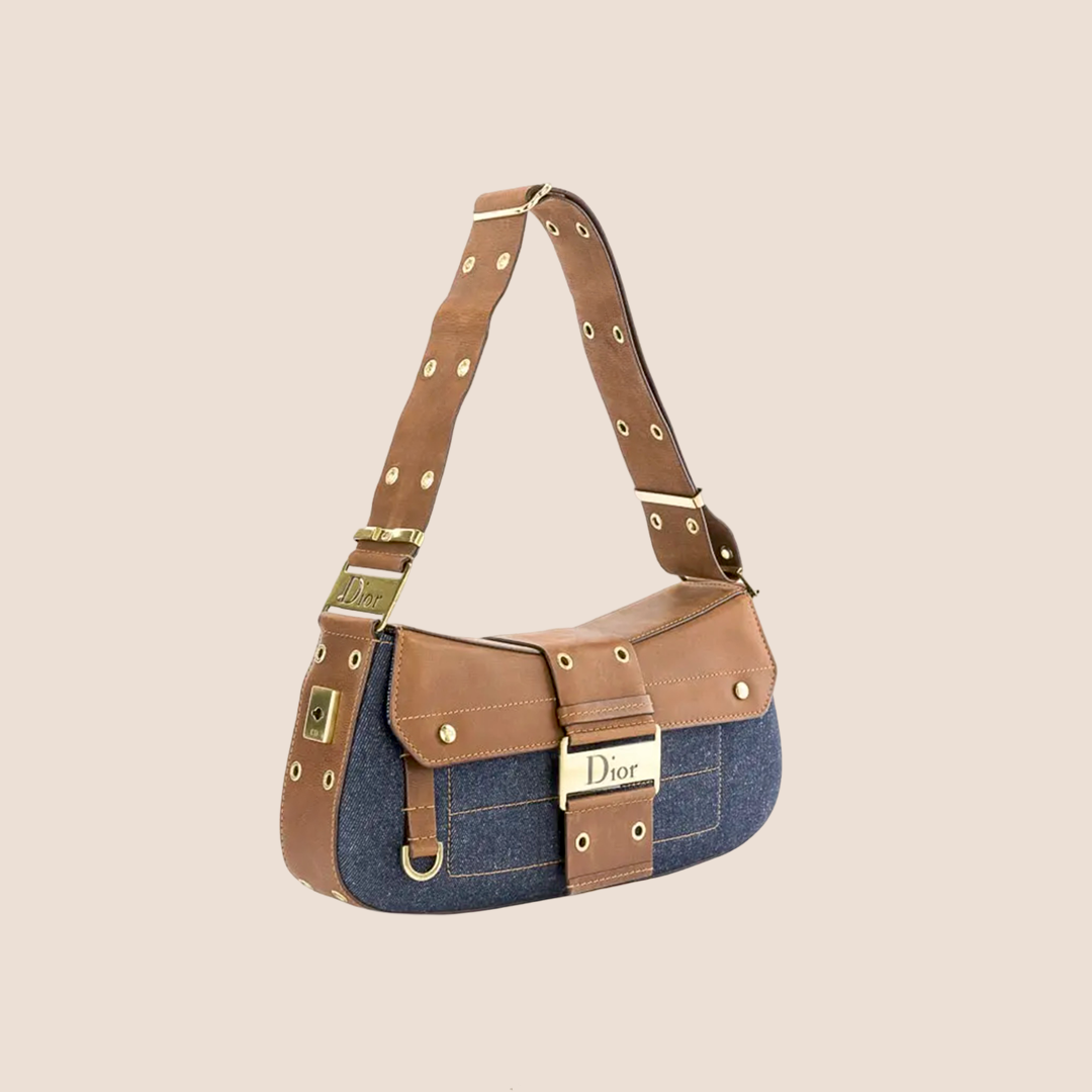 CHRISTIAN D1OR 2002 DENIM &amp; BROWN STREET CHICH COLUMBUS BAG